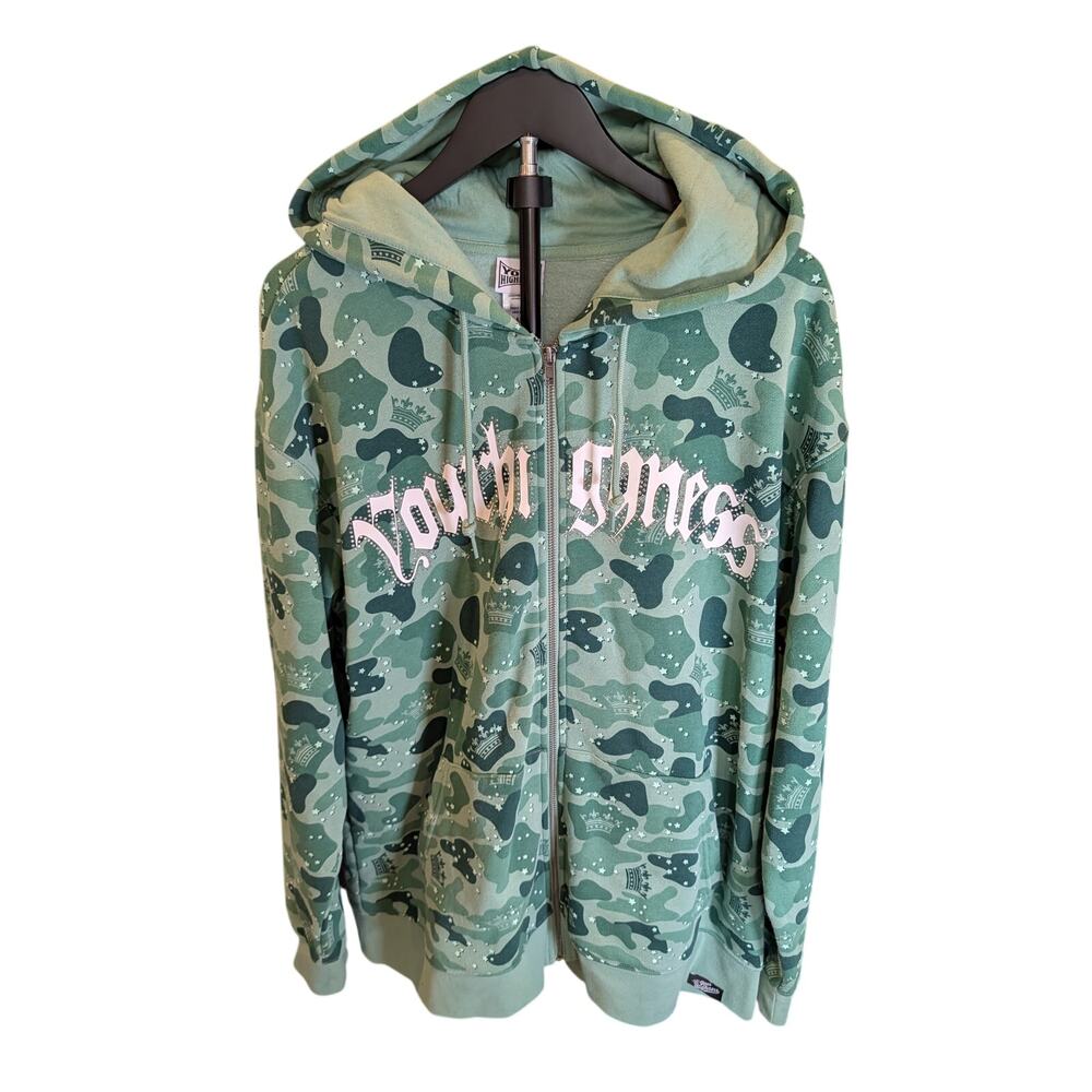 Your Highness Camo Zip Hoodie Large Green Full Zip Streetwear Graphic Sweatshirt